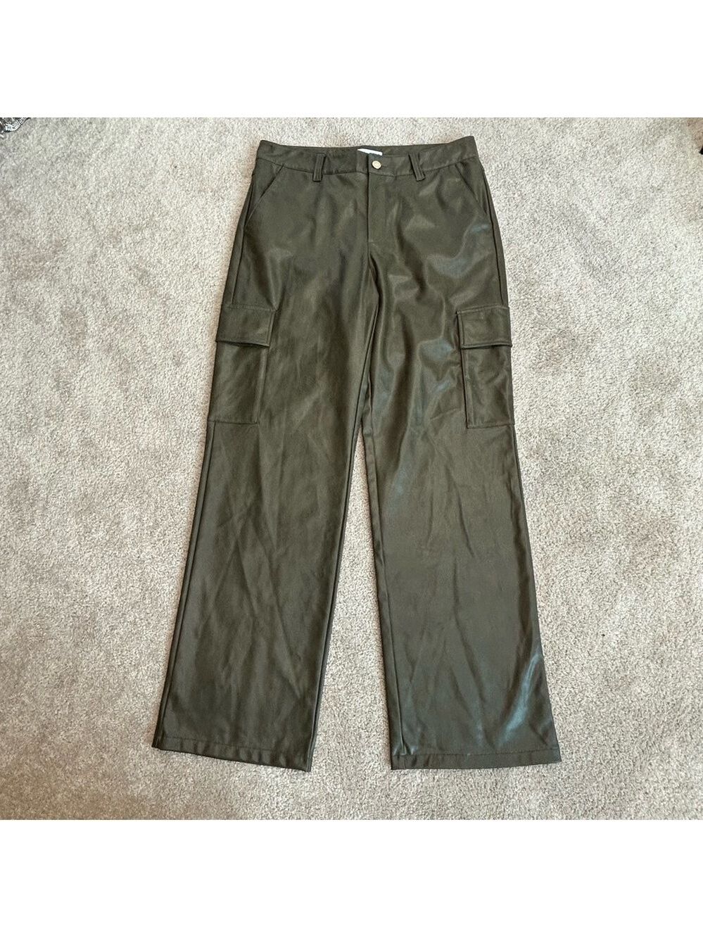 Zara Olive Green Vegan Faux Leather High Rise Straight Leg Cargo Pants 12 NWOT